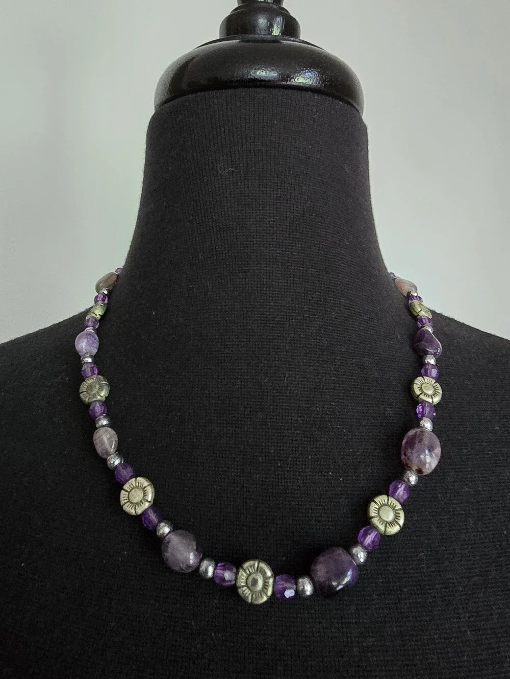 Handcrafted Amethyst Beaded Necklace with Silver Tone Flower Accents